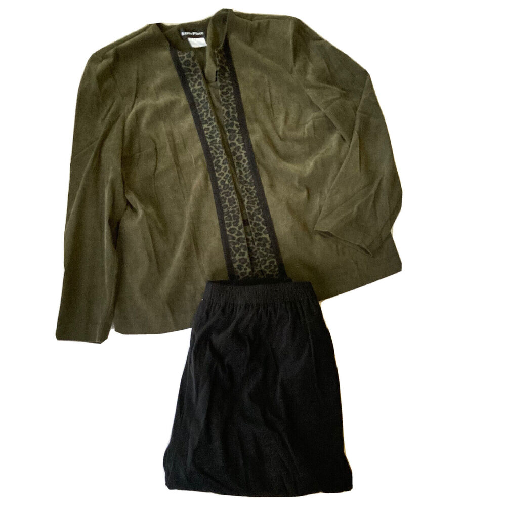 Kari’s Place Outfit Sz 18 Black Dress Pants Green Blouse Career Work Plus Size